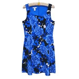 London Times Womens Floral Print Fit & Flare Dress Size 14P Blue Modern Career